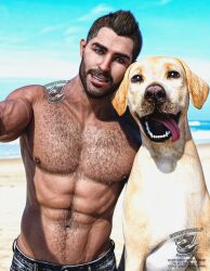 1boy 1dog 1human 2boys 3d activision animal beach blue_eyes brown_eyes brown_hair call_of_duty call_of_duty_modern_warfare_2_(2022) canine day daytime dog_ears dog_pose dog_tail doggy ghostwolf good_boy hairy hairy_chest hairy_male handsome happy hunk john_mactavish labrador labrador_retriever light-skinned_male light_skin male male_only muscular muscular_male no_visible_genitalia nonsexual scottish shirtless shirtless_male smile smiling_at_viewer soap_(modern_warfare_2) solo_male stud tongue_out wholesome