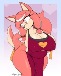 2023 amber_eyes apron artist_name artist_signature ass breasts chubby conductor's_wife_(sonic) covered_nipples dog dog_ears dog_girl dog_tail female female_only kappa_spark large_breasts long_hair milf naked_apron nipple_bulge pink_fur pink_hair sega sonic_(series) tagme wide_hips