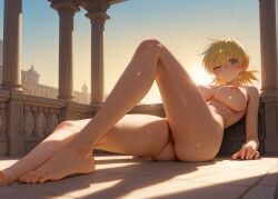 ai_generated ass barefoot blonde_hair blue_eyes blue_sky blush breasts column completely_nude day feet hellsing hellsing_ultimate knee_up large_breasts leaning_back legs looking_at_viewer lying nipples nude on_back outdoors parted_lips pillar pussy reclining seras_victoria short_hair short_twintails sky solo sunlight sweat thighs toenails toes twintails twoderrick uncensored