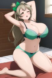 :o ai_generated bangs bed bedroom blush bra day hairbow huge_breasts indoors kneeling kurodex long_hair love_live! love_live!_school_idol_project minami_kotori on_bed one_eye_closed open_mouth panties sitting_on_bed sleepy stretching thick_legs underwear waking_up wide_hips yawn yellow_eyes