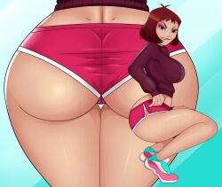 1girls asian asian_female ass ass_focus big_breasts butt_focus gorillaz noodle_(cracker_island) noodle_(gorillaz) pussy_visible_through_thighs red_hair short_shorts shorts sideboob sonson-sensei squat squatting sweater