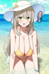 1girls abydos_high_school_student beach bikini blonde_hair blue_archive blush breasts female foreclosure_task_force_(blue_archive) hat huge_breasts japanese_text kneeling long_hair nonomi_(blue_archive) nonomi_(swimsuit)_(blue_archive) outdoors partially_submerged smile solo solo_female tomato_rice water wet yellow_bikini