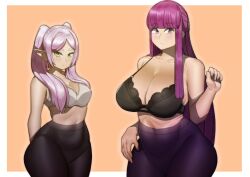 2girls breast_size_difference breasts doublehero elf elf_ears elf_female female female_only fern_(sousou_no_frieren) frieren hips huge_breasts long_hair medium_breasts multiple_girls purple_eyes purple_hair sousou_no_frieren thick_thighs thighs twintails white_hair wide_hips