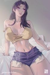 arttoru bed bed_sheet big_breasts blush breasts clothing collarbone covered_erect_nipples curvaceous curvy_body curvy_female curvy_figure erect_nipples highres jean_shorts jorts large_breasts light_blush light_purple_hair light_smile long_hair looking_at_viewer midriff misato_katsuragi navel neon_genesis_evangelion off_shoulder on_bed purple_eyes purple_hair seductive_eyes seductive_look short_shorts shorts sitting solo tank_top thick_thighs thighs voluptuous voluptuous_female watermark wide_hips