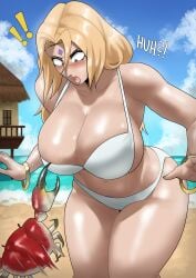 1girls absurdres ass beach big_ass bikini blonde blonde_hair blue_eyes crab echosaber fat_breasts female flat_belly huge_breasts jiggling_breasts light-skinned_female long_hair milf naruto naruto_shippuden shocked shounen_jump solo thick thick_ass thick_thighs tsunade wardrobe_malfunction