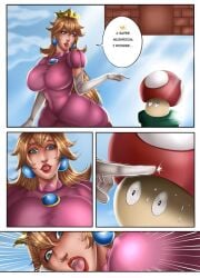 1female alternate_breast_size blocks blonde_hair blue_eyes blue_sky breast_expansion comic crown dialogue english_text expansion female female_only flowerxl huge_breasts human imminent_expansion light-skinned_female light_skin long_dress long_hair mario_(series) mushroom nintendo outdoors page_1 pink_dress pipes portrait power_up princess princess_peach red_lips red_lipstick scared_expression solo solo_female story story_in_picture super_mario_bros. super_mushroom text touching video_game_character white_gloves