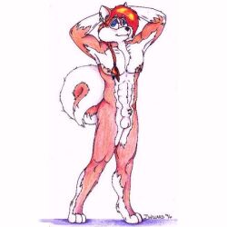 1990s 1996 1boy 20th_century abs anthro braid canine curly_tail furry hands_behind_head husky jessica_willard male male_focus male_only nipples orange_hair pinup pose sheath sheath_piercing solo solo_male tail