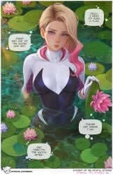 1girls clothed clothing comic crossover english_text eyebrow_piercing female female_only gwen_stacy hyrule lily_pad marvel page_4 prywinko sitting_in_water sony_pictures_animation spider-gwen spider-man:_across_the_spider-verse spider-man:_into_the_spider-verse spider-man_(series) superhero superheroine tears_of_the_kingdom text text_bubble the_legend_of_zelda