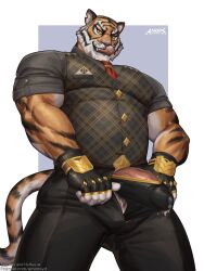 amon-sydonai anthro biceps bodily_fluids clothed clothing epic_games fortnite genital_fluids genitals hi_res male male_only muscular muscular_anthro muscular_male oscar_(fortnite) penis precum precum_through_clothing solo stripes vein veiny_penis wet wet_clothing