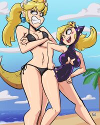 2girls aged_up angry angry_face annoyed arms_crossed_under_breasts beach black_bikini blonde_hair boob_window bowsette breasts clenched_teeth female female_only mario_(series) mario_tennis nanus2 new_super_mario_bros._u_deluxe nintendo nudging one-piece_swimsuit one_eye_closed outdoors outside super_crown swimsuit tagme wapeach wink winking