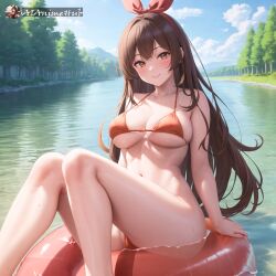 1girls ai_generated amber_(genshin_impact) artist_logo artist_name ass athletic athletic_female big_ass big_breasts breasts brown_hair dark_brown_hair female female_only fit fit_female floatie genshin_impact hazel_eyes legs looking_at_viewer red_ribbon river rock rocks slim smile smiling smiling_at_viewer thighs tree trees water watermark