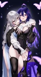 2girls bronya_rand from_behind honkai:_star_rail looking_at_viewer middle_finger ringeko_chan seele_(honkai:_star_rail) tongue_out touching_breast touching_thigh yuri