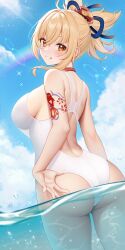 1girls ass back_view beach big_breasts blonde_hair blush butt female female_only fukuro_ko_(greentea) genshin_impact hi_res highres large_breasts looking_at_viewer looking_back one-piece_swimsuit orange_eyes outdoors outside sky solo swimsuit tattoo yoimiya_(genshin_impact)