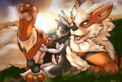 absurd_res anthro antlers arcanine balls bashbl-ux black_hair bottomwear brown_eyes cervine clothing deer duo eye_scar facial_scar feet feral foot_focus fur generation_1_pokemon genitals grass grey_body grey_fur hair hi_res hindpaw holding_leg holding_penis holding_thigh horn laying_on_ground male male/male mammal neck_tuft nintendo orange_body orange_eyes orange_fur pawpads paws penis plant pokemon pokemon_(species) ra'deer scar shirt shorts sitting sitting_on_ground tan_body tan_fur tan_hair topwear tuft