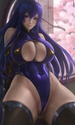 1girls :t abs absurd_res absurdres akiyama_rinko angry areolae big_breasts breasts cleavage erect_nipples erect_nipples_under_clothes female hi_res high_resolution highres indoors limgae looking_at_viewer muscular_female nipples partially_clothed partially_visible_vulva ponytail purple_eyes purple_hair stockings taimanin_(series) taimanin_yukikaze tied_hair tight_clothing very_high_resolution