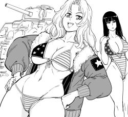 2girls 4th_of_july american_flag_bikini bb_(baalbuddy) bikini black_hair blonde_hair female female_only girls_und_panzer hands_on_hips jacket kay_(girls_und_panzer) long_hair looking_at_viewer looking_away monochrome narrowed_eyes national_personification nishizumi_shiho smiling smiling_at_viewer swimsuit tagme very_high_resolution white_background