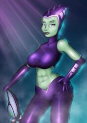 1girls 2021 alien_girl breast_grab exposed_torso green_hair lazy-a-ile navel ratchet_and_clank rilgarian_(ratchet_and_clank) starlene_(ratchet_and_clank) wide_hips