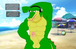 abs anthro beach blush collar collar_only crocodile crocodilian crocodylid embarrassed embarrassed_nude_male english_text erection exhibitionism flaccid flashing foreskin frenulum genitals hi_res male male_only meteorsmash muscular muscular_anthro muscular_male nude penis pronounced_browridge reptile scalie seaside sega smile smiling_at_viewer solo sonic_(series) sonic_the_hedgehog_(series) speech_bubble text unwanted_erection vector_the_crocodile