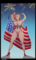 1girls 4th_of_july american_flag american_flag_bikini big_breasts bikini breasts earrings eyeshadow female fireworks gewd-boi green_eyes hair_down half-closed_eyes high_heels holidays jessica_rabbit lipstick long_hair looking_at_viewer red_hair solo who_framed_roger_rabbit