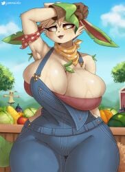 1girls anthro armpits artist_signature bandana big_breasts breasts busty cleavage comic eeveelution farm farmgirl female female_focus female_only female_pokemon freckles gammainks huge_breasts leafeon leafeon-chan looking_at_viewer malon-chan malon_(gammainks) nintendo overalls pokeharlot pokemon pokemon_(species) pokemorph produce smiling smiling_at_viewer solo sweat textless thick_thighs vegetables voluptuous wide_hips yellow_eyes