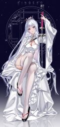 dress genshin_impact kamisato_ayaka one_leg_raised ringeko_chan sitting sword thighhighs white_dress