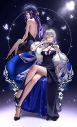 2girls black_dress bronya_rand dress high_heels honkai:_star_rail light-skinned_female long_hair looking_at_viewer looking_back purple_hair ringeko_chan seele_(honkai:_star_rail) sitting white_hair