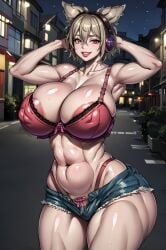 1girls ai_generated armpits bimbo booty_shorts bra breasts earmuffs exposed_midriff exposed_panties hair_between_eyes huge_breasts large_areolae light_brown_hair lipstick looking_at_viewer midriff open_mouth panties pink_bra red_lipstick short_hair shorts skindentation slim_waist smile smiling smiling_at_viewer solo teeth teeth_showing touhou toyosatomimi_no_miko wide_hips