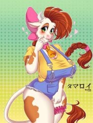 1girls anthro big_breasts biting_lip blush bovid bovine braid brown_hair cow_ears cow_horns cow_print cow_tail cowbell fanart female female_only finger_to_mouth green_eyes hi_res horns long_hair looking_at_viewer mellany_mellons overalls smiling smiling_at_viewer solo t-shirt tail tail_tuft tamaroy thick_thighs