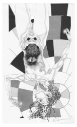 absurdres bone bug butterfly cowboy_shot crown expressionless female flat_chest greyscale highres hip_bones long_hair miyanishi_keizo monochrome nude original profile pussy signature solo surreal traditional_media uncensored upside-down wavy_hair