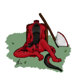 2010 aemi anthro axe black_body black_skin blood bodily_fluids death decapitation digital_drawing_(artwork) digital_media_(artwork) furx_(character) gore grass lizard male male_death outside plant red_body red_skin reptile scalie severed_head signature sitting solo tree_stump