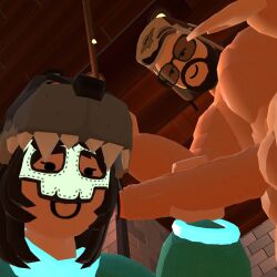 1boy 1boy1girl black_hair female huge_balls huge_breasts huge_cock looking_at_viewer male penis_grab rec_room recroom recroom-nsfw vr wolf_girl