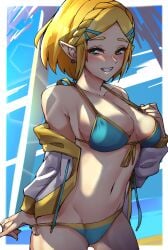 1340smile 1girls bikini blonde_hair blue_eyes breasts elf_ears female female_only nintendo princess_zelda short_hair smiling solo tagme tears_of_the_kingdom the_legend_of_zelda the_legend_of_zelda:_tears_of_the_kingdom zelda_(tears_of_the_kingdom)