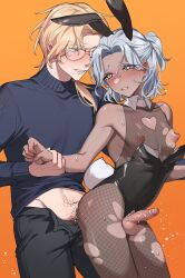 2boys anal animal_ears bare_shoulders black_leotard blonde_hair blue_shirt blush bodysuit cleavage_cutout clothing_cutout collarbone covered_nipples cowboy_shot crossdressing crotchless crotchless_leotard erection fake_animal_ears fishnet_bodysuit fishnet_pantyhose fishnets forehead glasses gradient_background grey_eyes grey_hair highres holding_another's_wrist leotard long_hair male_focus medium_hair ming_(5unri5e666) multiple_boys orange_background original otoko_no_ko pantyhose parted_bangs penis playboy_bunny ponytail rabbit_ears sex sex_from_behind shirt standing standing_sex strapless strapless_leotard teeth thighs torn_bodysuit torn_clothes torn_pantyhose uncensored yaoi