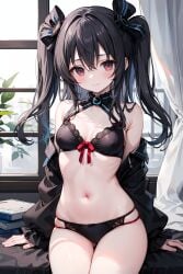 ai_generated bare_shoulders black_hair blush bra cleavage detached_sleeves front_view hair_ribbon light-skinned_female looking_at_viewer neptunia_(series) panties red_eyes small_breasts smile solo stable_diffusion twintails uni_(neptunia)