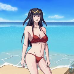 1girls 4thanysc alluring alternate_costume beach bikini black_hair breasts cleavage female female_only fire_emblem fire_emblem_awakening long_hair navel nintendo official_alternate_costume red_bikini red_swimsuit sokloeum solo swimsuit tharja_(fire_emblem) tiara