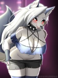 2023 animal_ears anthro big_breasts black_nose blush blush_lines breasts canid canid_demon canine cheek_tuft clothing collar demon digital_media_(artwork) dog_ears dog_tail ear_piercing facial_tuft faroula_twitt female fur furry furry_only grey_body grey_fur grey_hair hellhound helluva_boss looking_at_viewer loona_(helluva_boss) mammal navel nipples piercing red_sclera signature smile solo spiked_collar spikes tail tuft undressing white_body white_eyes white_fur wolf_ears wolf_tail