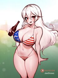 1girls alternate_breast_size alternate_costume american_flag_bikini artist_name beer_bottle big_breasts big_thighs bikini blurry blurry_background breasts cleavage collarbone corrin_(fire_emblem) corrin_(fire_emblem)_(female) eyelashes feet_out_of_frame female female_only fire_emblem fire_emblem_fates flag_bikini flag_print grey_hair hair_between_eyes hand_up highleg highleg_bikini highres holding holding_beer holding_beverage holding_bottle jaxartdump jaxdrawz large_breasts light-skinned_female light_skin long_hair looking_at_viewer nintendo open_mouth outdoors patreon_logo pointy_ears red_eyes shiny_skin solo standing swimsuit teeth thick thick_hips thick_thighs thighs upper_teeth_only wide_hips