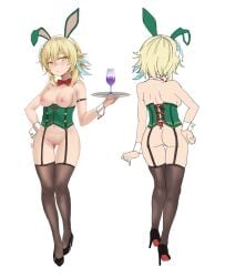 alcohol almost_naked anime blonde_hair corset female_only fourth_descender garter_straps genshin_impact german hentai laced_corset lumine_(genshin_impact) mondstadt_hot_spring_festival mondstadt_hot_springs_festival small_breasts vycma