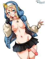 1futa balls belly blonde_hair breasts bridget futa_only futanari gloves green_eyes guilty_gear guilty_gear_strive guilty_gear_xx hoodie medium_breasts minacream nipples penis penis_under_skirt skirt tagme topless