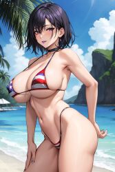 4th_of_july ai_generated akinama_family_(noir-black-shooter) american_flag_bikini beach big_breasts black_lipstick dark_blue_hair female holidays huge_breasts naoki_akinama_(noir-black-shooter) oc original original_character purple_eyes short_hair