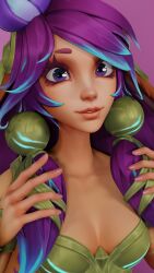 3d blender breasts centaur clothed deer_taur female greyarea55 league_of_legends lillia_(league_of_legends) looking_at_viewer non-human portrait purple_hair smile taur