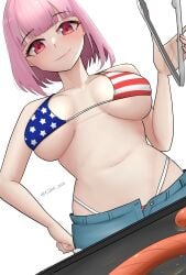 1girls american_flag_bikini american_flag_panties big_breasts breasts clothed clothed_female cooking female gibb_san grill hololive hololive_english hololive_myth hot_dog jean_shorts light-skinned_female light_skin mori_calliope sausage thick_thighs virtual_youtuber