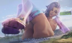 3d arching_back bottopbot2 butt_squish city cityscape destruction detailed detailed_background female female_only giantess giga_giantess gloves high_quality holding_legs_up large_breasts macro mega_giantess multicolored_hair nipple overwatch partially_clothed smug sombra texting thick_thighs thigh_high_boots void_aloe