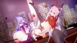 3d 3d_(artwork) alternate_breast_size artist_request billiard_ball billiard_table bunny_ears bunnysuit cat_ears cat_tail crossover hololive hololive_gen_2 hololive_japan horns huge_breasts koikatsu nakiri_ayame naraka_(nijisanji) nijisanji oni reverse_bunnysuit rindou_mikoto source_request virtual_youtuber vtuber