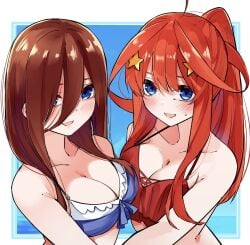 2girls :d ahoge alternate_costume armpit_crease bare_shoulders bikini blue_background blue_bikini blue_eyes blush breast_press breasts breasts_squeezed_together brown_hair cleavage collarbone commentary eyebrows_hidden_by_hair framed frilled_bikini frills go-toubun_no_hanayome hair_between_eyes hair_down hair_ornament hair_over_breasts hair_over_one_eye halterneck highres large_breasts long_hair looking_at_viewer mame1645 multiple_girls nakano_itsuki nakano_miku nervous_smile open_mouth ponytail red_bikini red_hair seductive_smile siblings sidelocks simple_background sisters smile star_(symbol) star_hair_ornament straight-on sweatdrop swimsuit symmetrical_docking twin_sisters twins upper_body upturned_eyes white_background