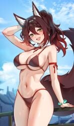 1girls 2d animal_ears big_breasts bikini blush female female_only foxy_rain_(foxyreine) foxyrain_(foxyreine) foxyreine green_eyes honkai:_star_rail large_breasts light-skinned_female light_skin looking_at_viewer midriff navel outdoors outside pale-skinned_female pale_skin solo sweat swimsuit tail thick thick_thighs tingyun_(honkai:_star_rail) voluptuous