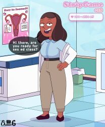 1girls brown_hair clothed clothing dark-skinned_male dark_skin doctor female half-closed_eyes hand_on_hip indian indian_female long_hair looking_at_viewer mature mature_female milf open_mouth poster priyanka_maheswaran seniorg smile standing steven_universe strip_game