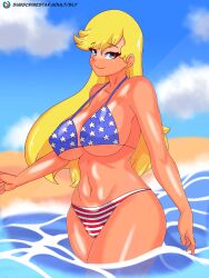 1girls 4th_of_july american_flag_bikini artist_signature beach big_breasts bikini blonde_hair blue_eyes breasts female female_only fourth_of_july holidays hourglass_figure huge_breasts large_breasts leni_loud looking_at_viewer nickelodeon ocean outdoors sand sly_(artist) smile smiling solo the_loud_house water wide_hips