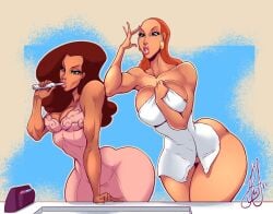 2girls amelia_(kim_possible) amelia_rodriguez artist_name ass athletic big_ass big_butt breasts curvaceous curves curvy curvy_female curvy_figure digital_art digital_sketch disney disney_channel eyebrows eyelashes eyes female female_focus hair henrik-drake hhammerh hourglass_figure huge_ass kim_possible large_ass legs lips long_hair nana_crocket rsahnp signature tan_body tan_skin thick thick_legs thick_thighs thighs voluptuous waist wide_hips