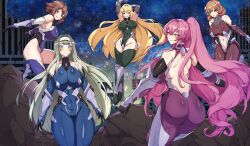 5girls ass blonde_hair bodysuit breasts brown_hair curvy exosister_elis exosister_irene exosister_martha exosister_sofia exosister_stella exosisters female hairclip headband jpeg large_breasts long_hair pclle2 pink_hair ponytail smile taimanin_(series) taimanin_suit thighhighs tight_clothing yu-gi-oh!